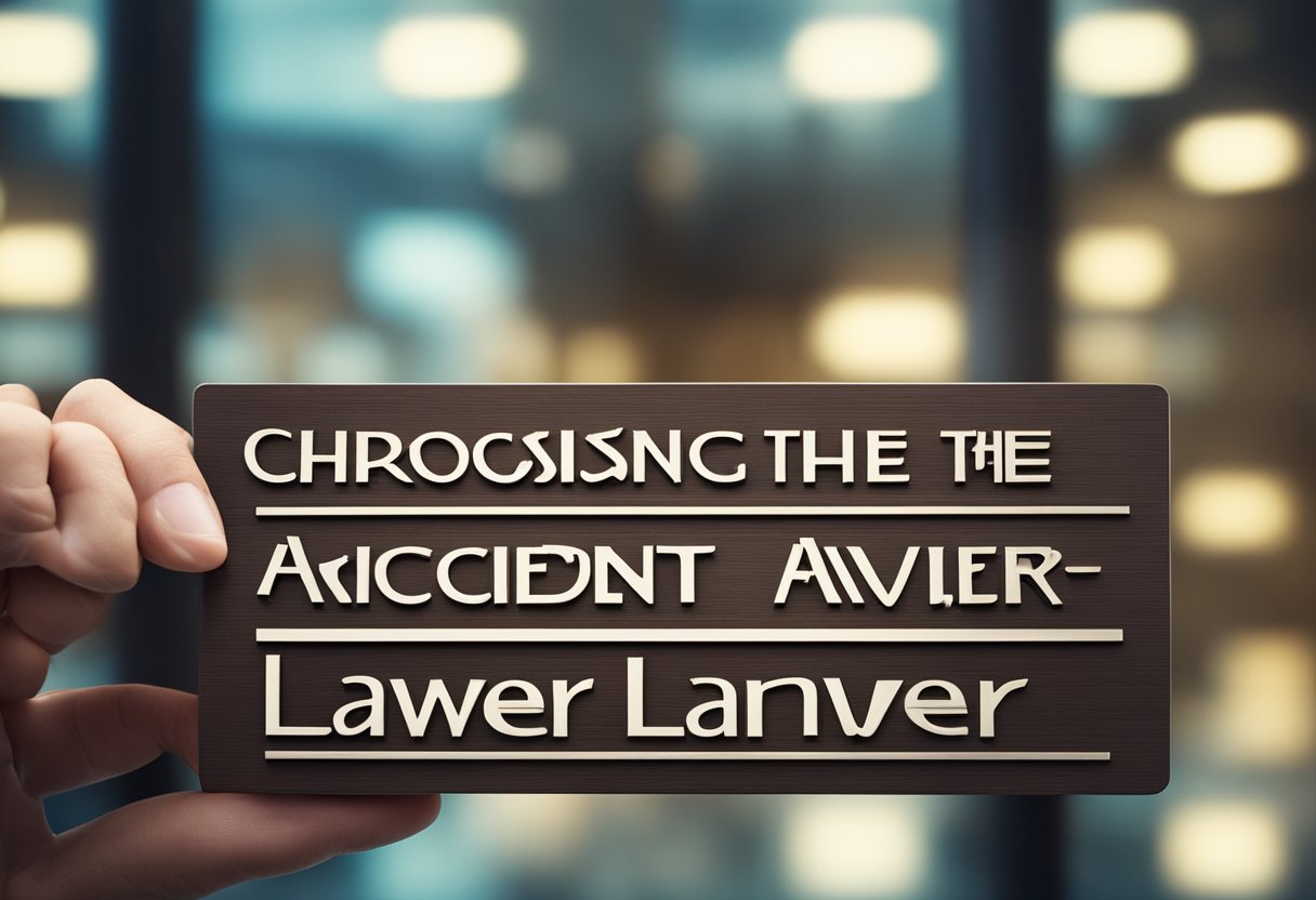 A person reaching out to a lawyer's office sign with the words "Choosing the Right Accident Lawyer" prominently displayed