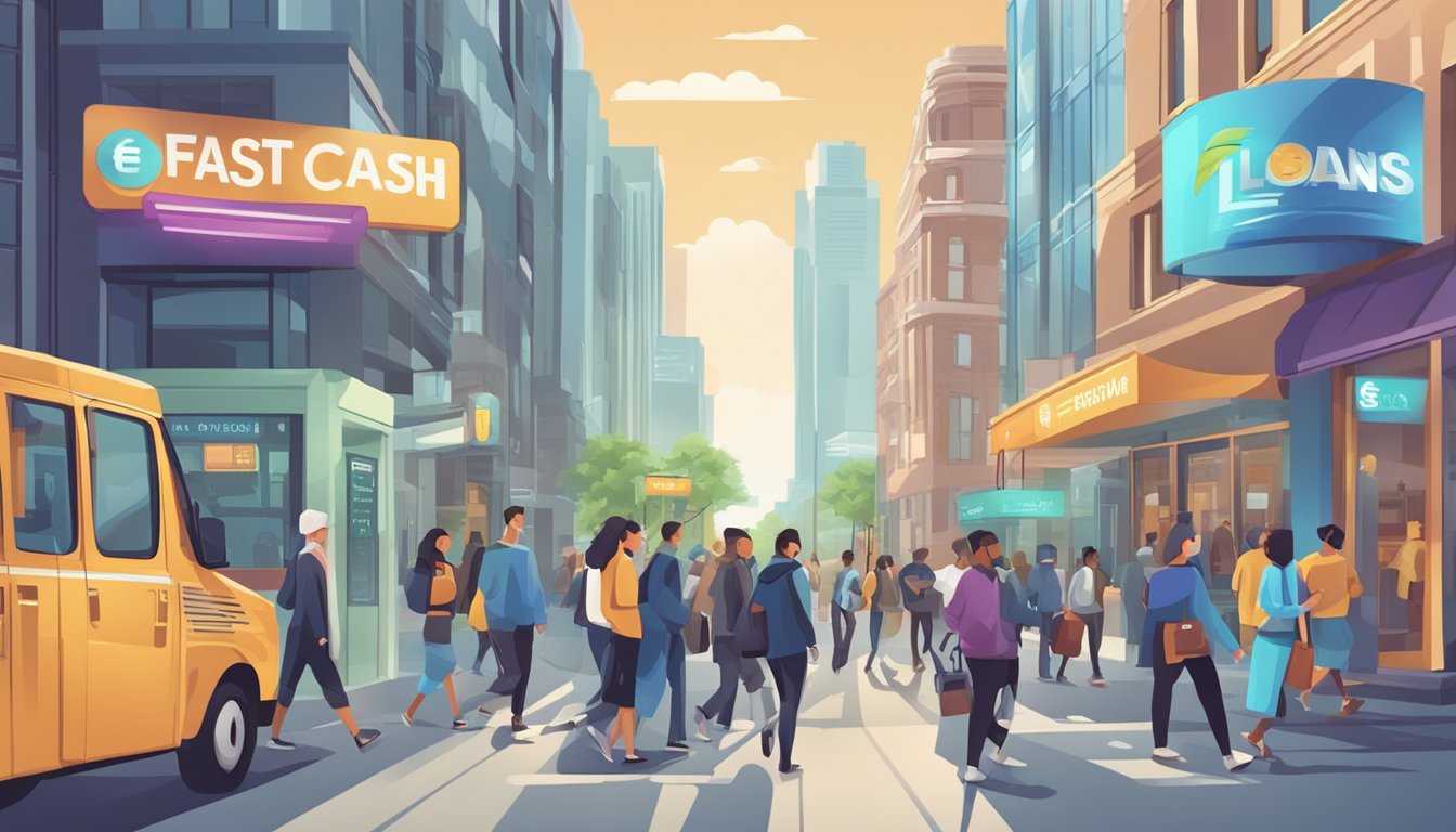 A bustling city street with people entering and exiting money lending establishments, with signs advertising fast cash loans and their benefits
