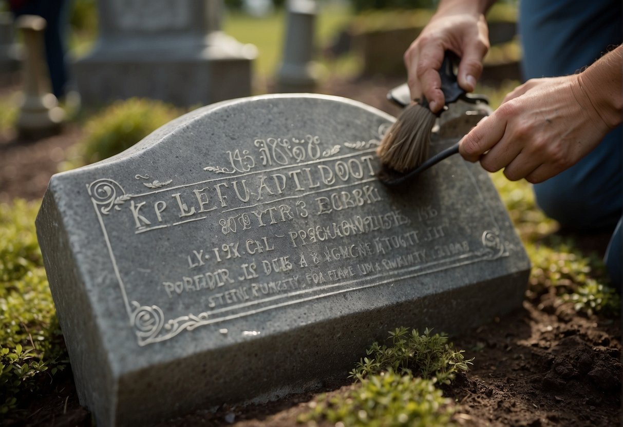 How to Clean a Headstone: A headstone is being gently scrubbed with a soft-bristled brush and soapy water, removing dirt and grime to reveal the engraved letters and designs