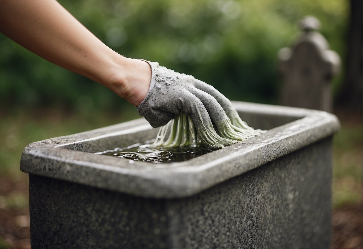 A bucket of soapy water, a soft-bristled brush, and a gentle hand reaching out to delicately scrub away years of dirt and grime from a weathered headstone