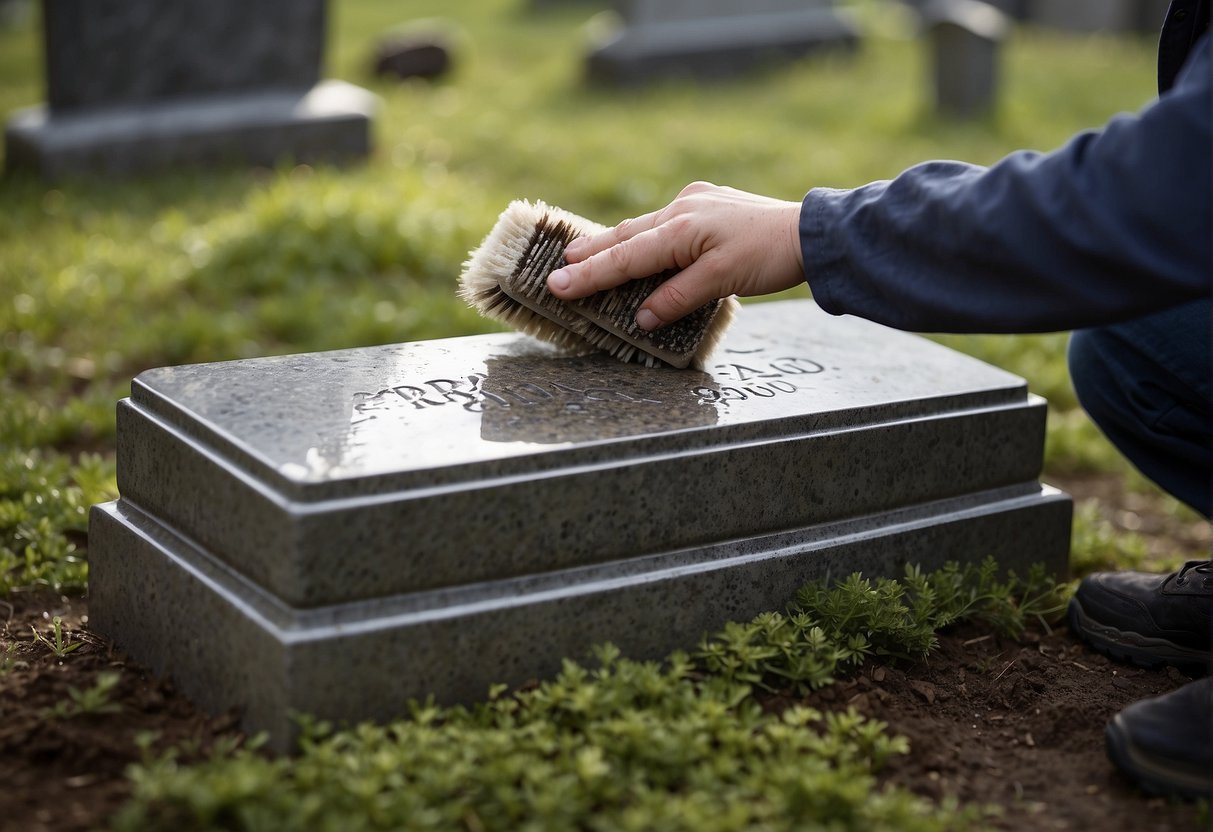 A headstone being gently scrubbed with a soft-bristled brush and a mild cleaning solution, with water gently rinsing away the dirt and grime
