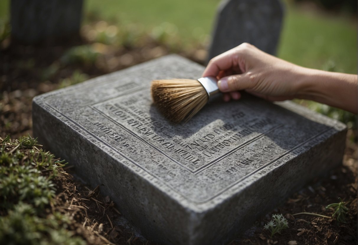 A gravestone being gently scrubbed with a soft-bristled brush and gentle cleaning solution, removing dirt and debris to reveal the engraved inscription