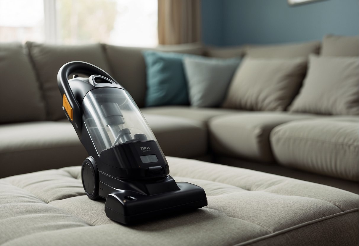 A vacuum hovers over a polyester couch, removing debris. A spray bottle and cloth sit nearby, ready for spot cleaning