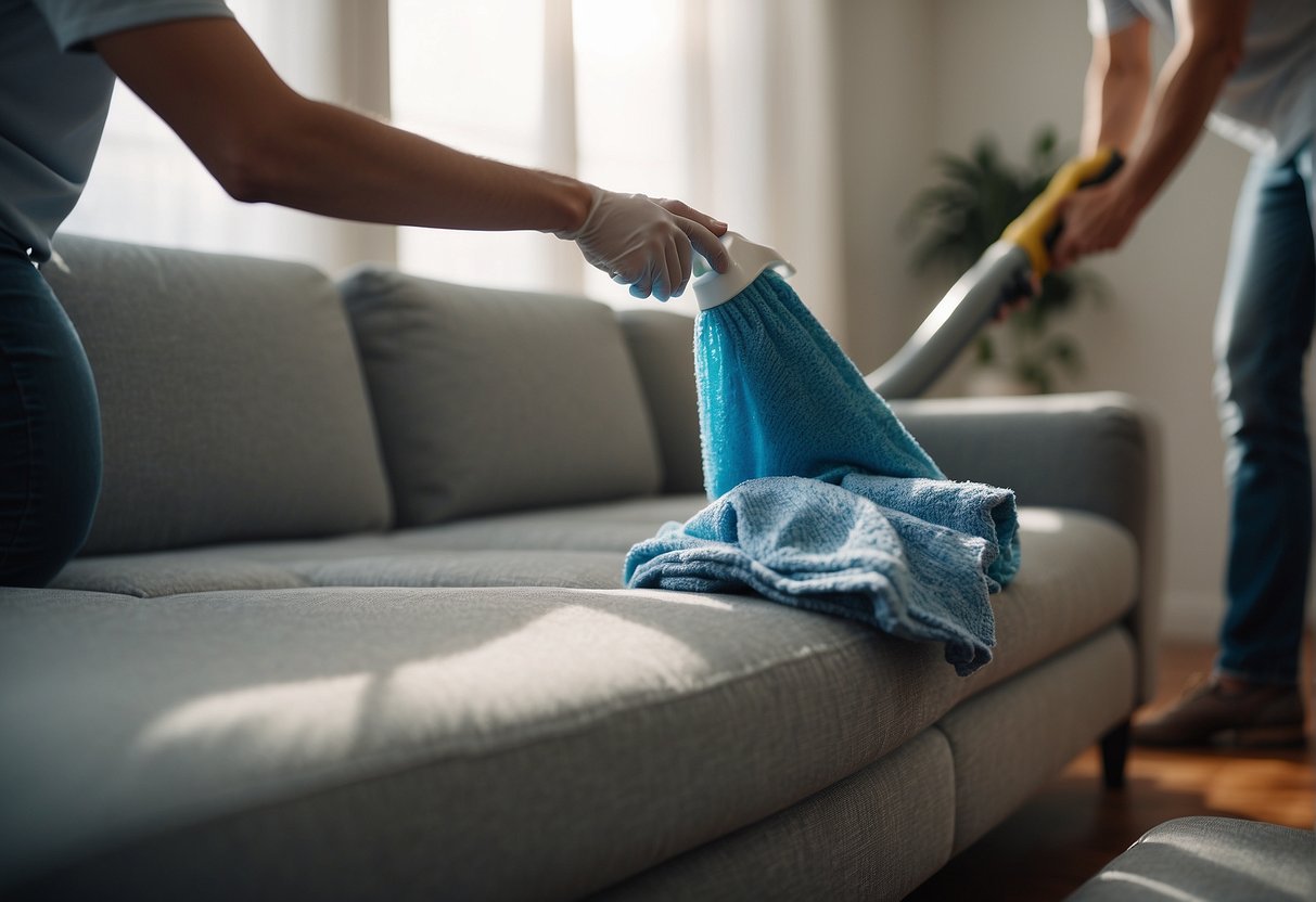 A person using a damp cloth and mild detergent to gently scrub a polyester couch, followed by a thorough vacuuming to remove any lingering dirt or debris