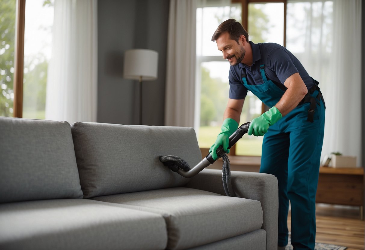 A person cleaning a polyester couch with a vacuum and upholstery cleaner, following the manufacturer's instructions