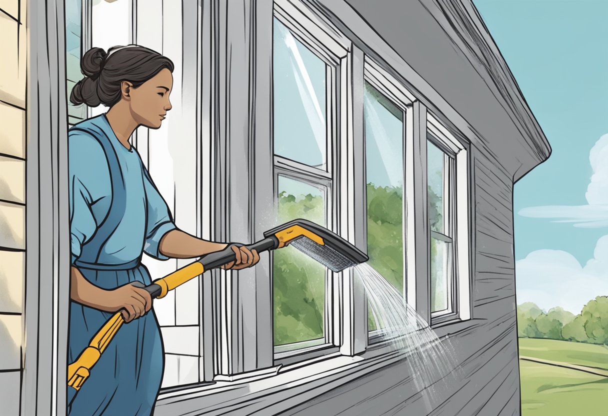 A person uses a long-handled squeegee to clean outside windows from a safe distance. They use a soapy solution and a gentle scrubbing motion to remove dirt and grime, leaving the windows sparkling clean