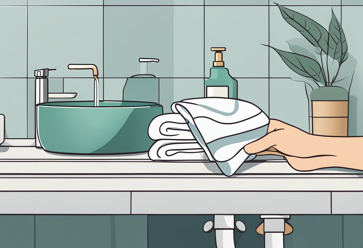 A hand holding a gua sha tool next to a sink with running water and a bottle of gentle cleanser. A soft cloth and a towel are nearby
