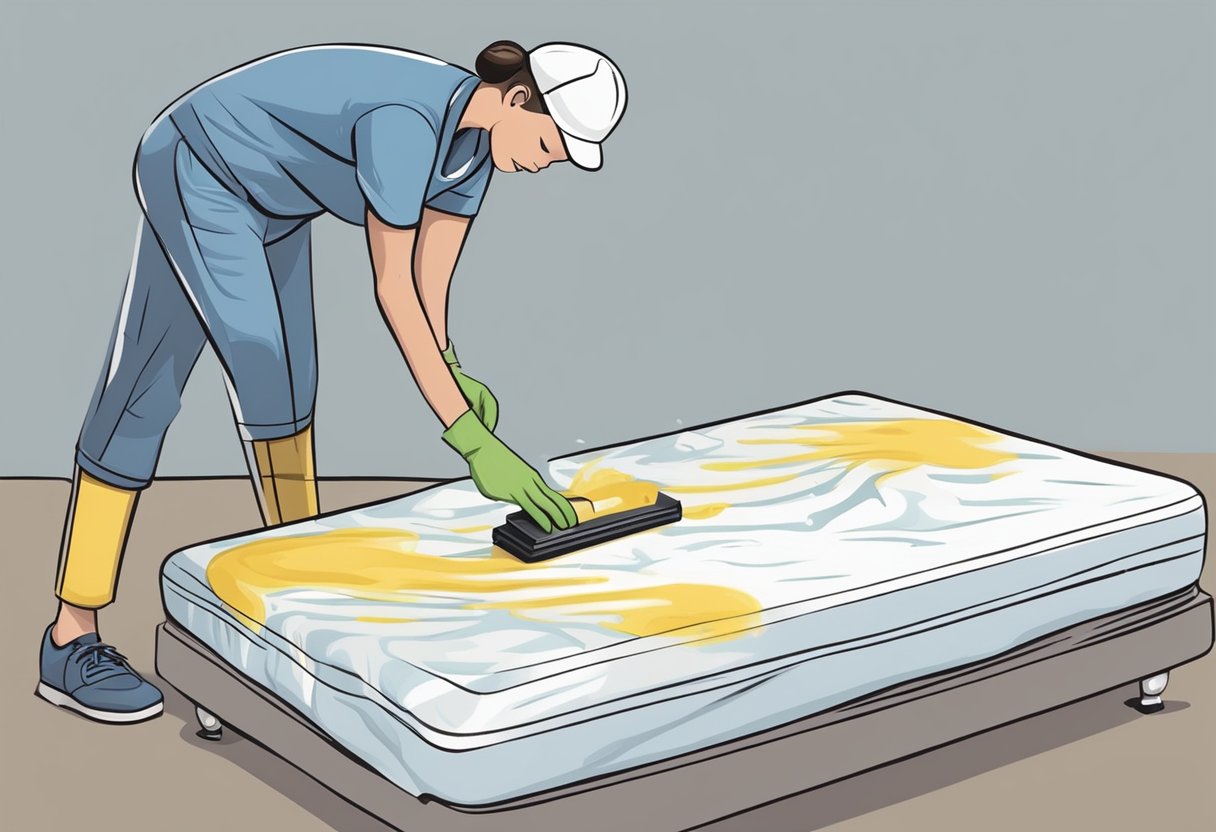 A person pours a cleaning solution on a stained mattress and scrubs vigorously with a brush to remove vomit stains