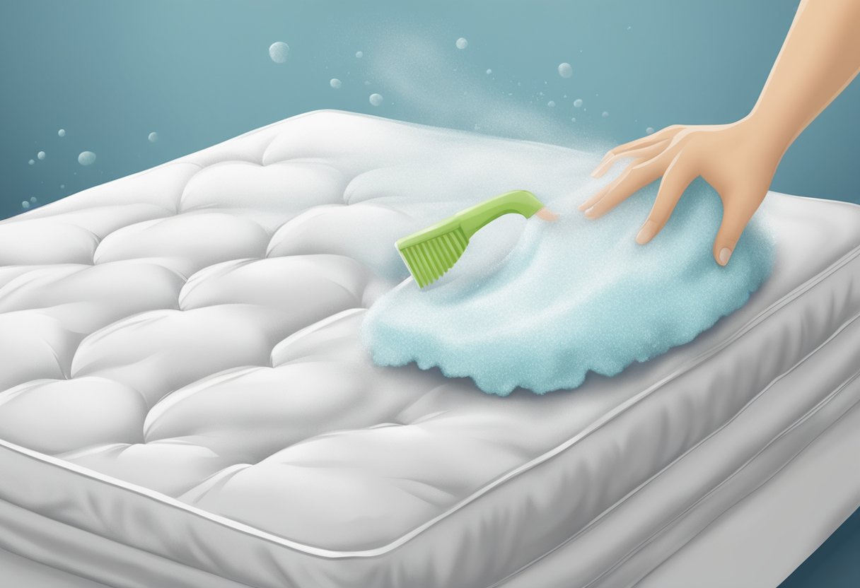 Vomit stains on mattress being cleaned with soap and water, scrubbing motion, and a white towel blotting the area