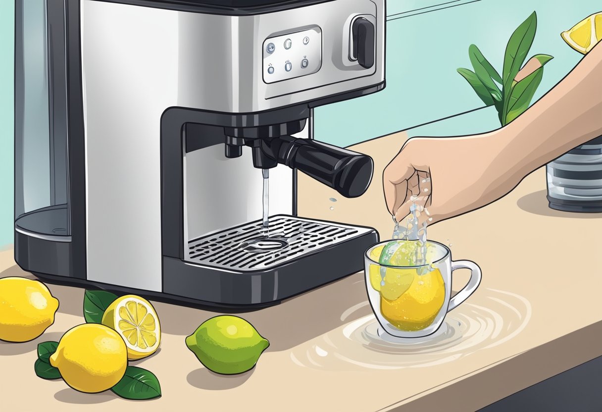 A hand pours a mixture of water and lemon juice into a coffee machine, then runs a cleaning cycle