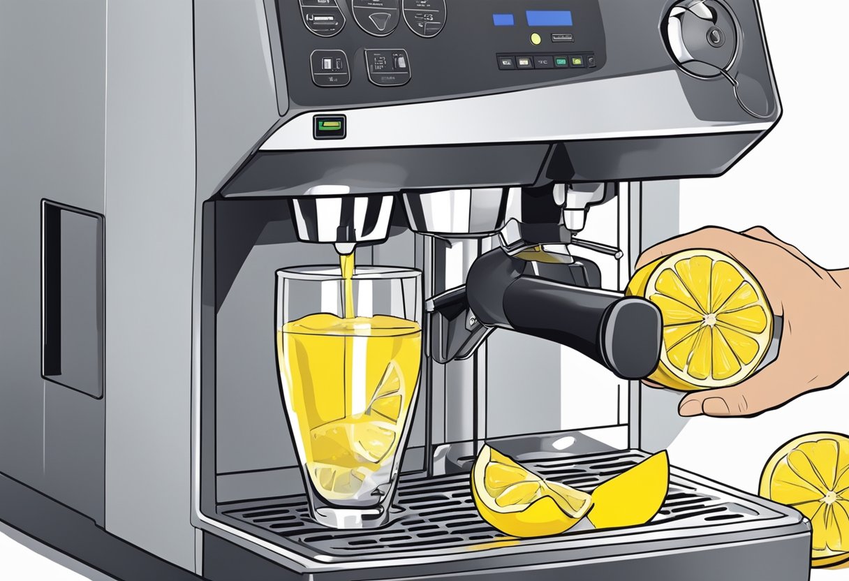 A hand pours a mixture of water and lemon juice into the coffee machine's reservoir. The machine is turned on and allowed to run a cleaning cycle. The hand then empties the reservoir and rinses it thoroughly