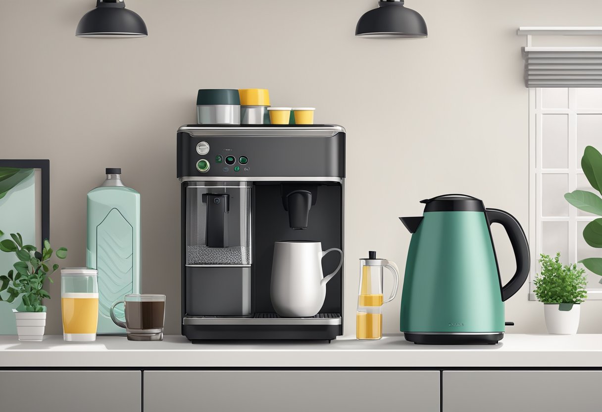 A coffee machine sits on a kitchen counter. A bottle of alternative cleaning solution is next to it. The machine is surrounded by a clean and tidy environment