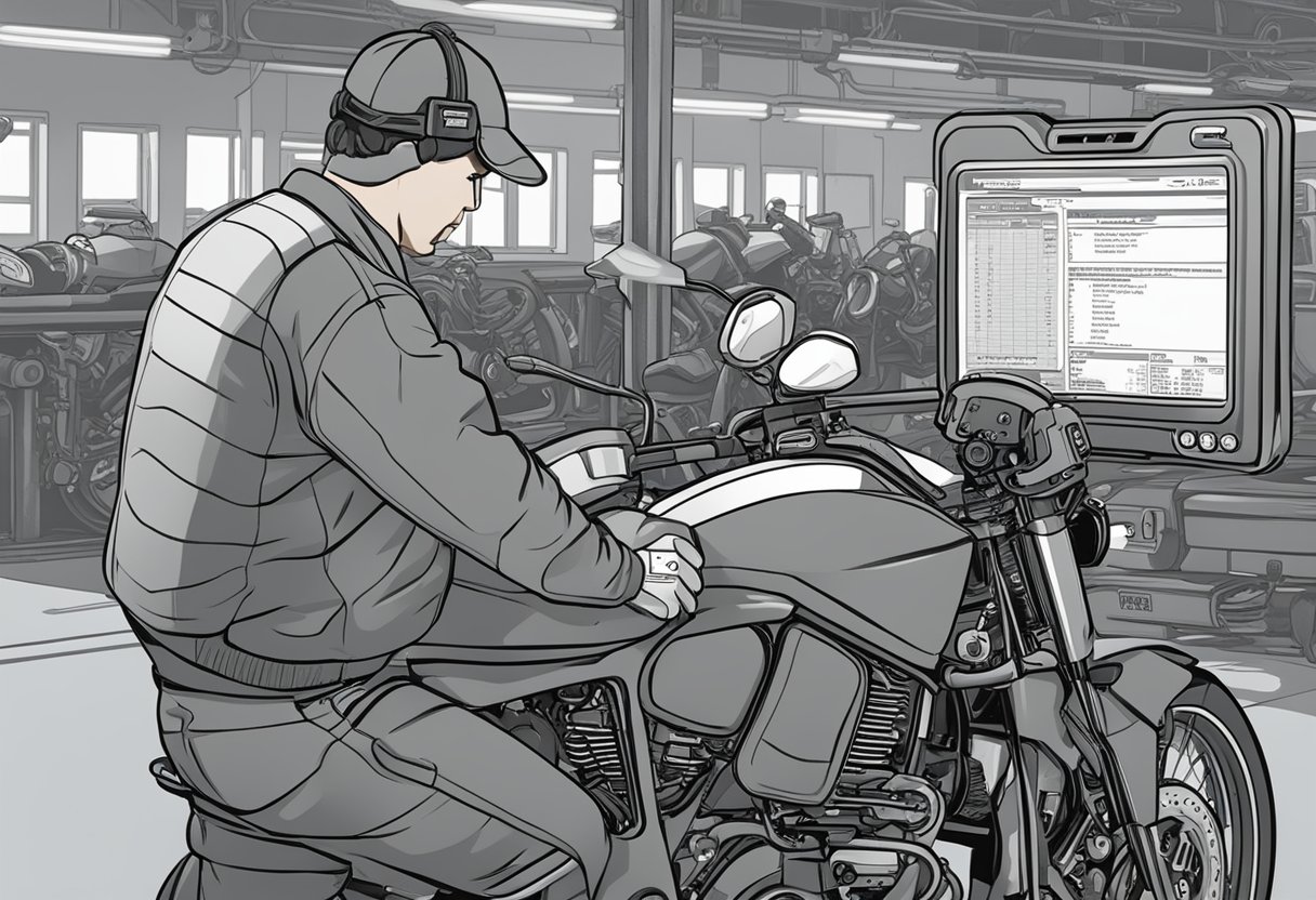 A mechanic using a diagnostic tool on a motorcycle, with a screen displaying "P0440: EVAP Emission Control System Malfunction" error code