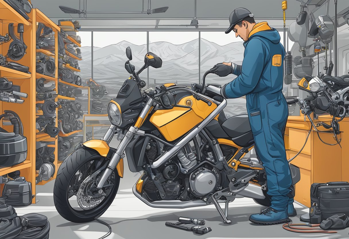 A mechanic adjusts motorcycle sensors at high altitude.

Tools and diagnostic equipment surround the bike