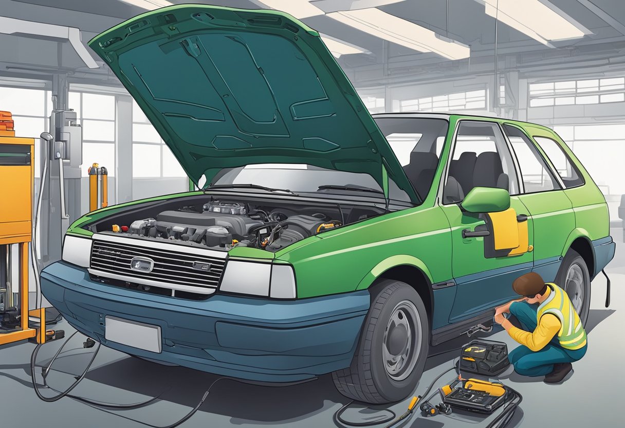 A mechanic examines a car's engine, checking the O2 sensor circuit for errors.

Tools and diagnostic equipment are scattered around the scene