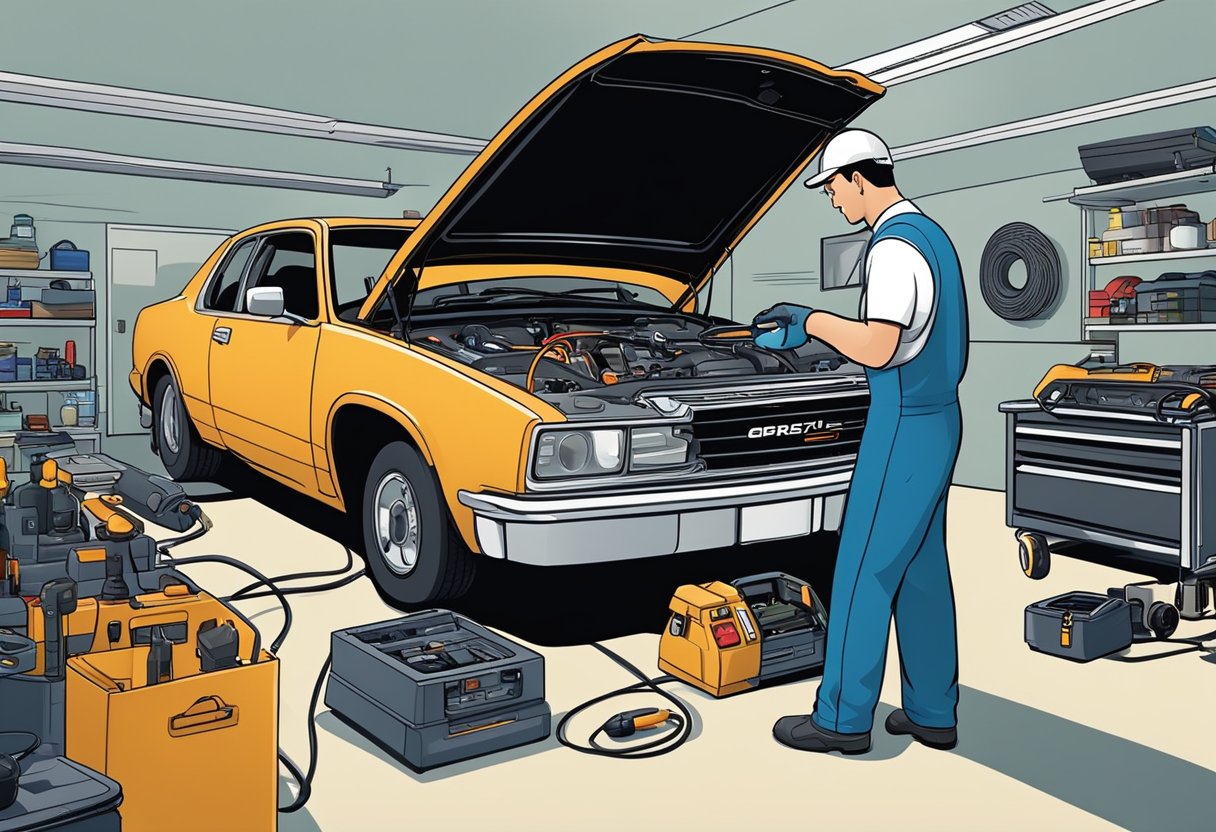 An automotive technician using a diagnostic tool to scan and troubleshoot a car's O2 sensor circuit malfunction.

The technician is surrounded by various tools and equipment in a well-lit and organized garage