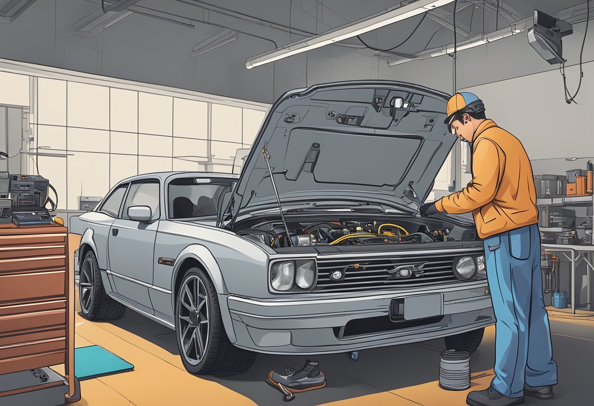 A mechanic diagnosing a car's O2 sensor with a diagnostic tool and a wiring diagram spread out on a workbench