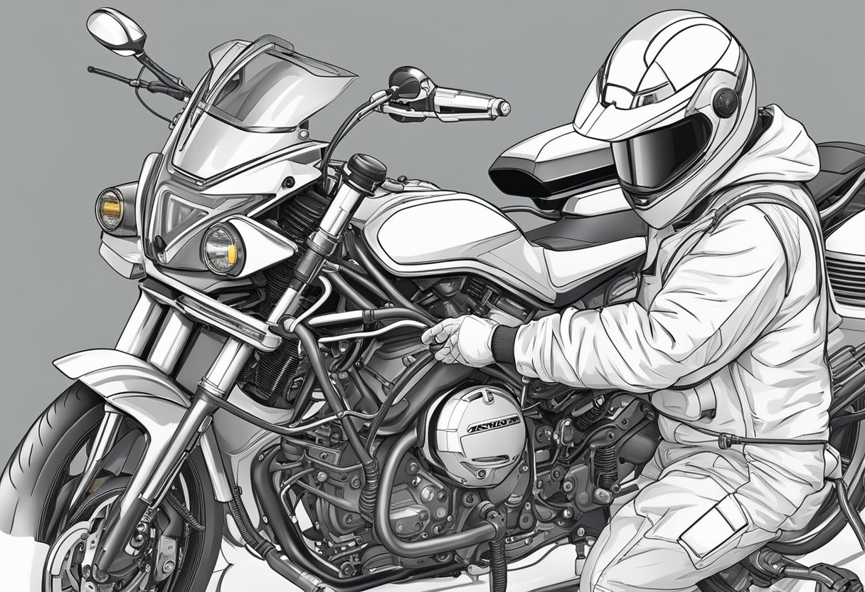 The mechanic examines the motorcycle's engine, checking the wiring and connections of the knock sensor 1 circuit for any signs of malfunction