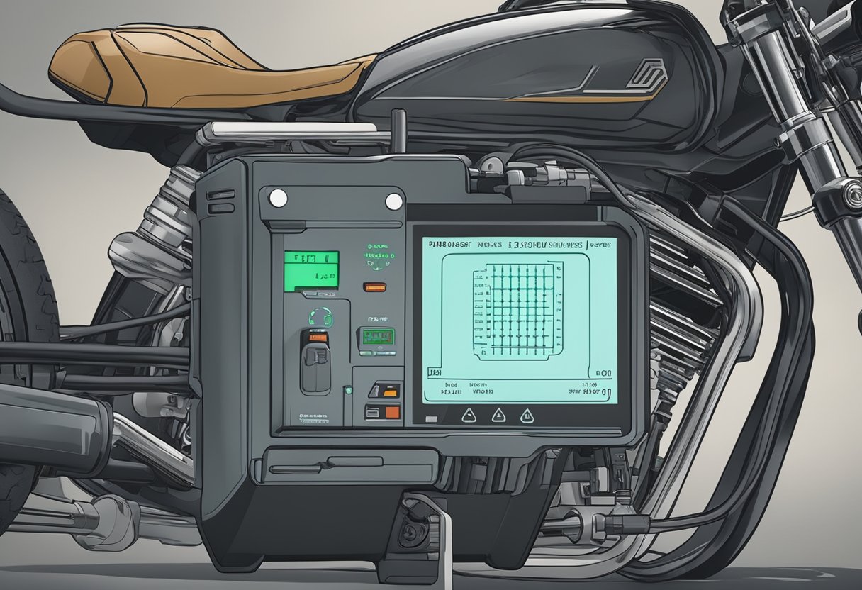 A motorcycle with a diagnostic tool connected to the onboard computer displaying error code P0443.

The purge control valve is highlighted, indicating a circuit malfunction