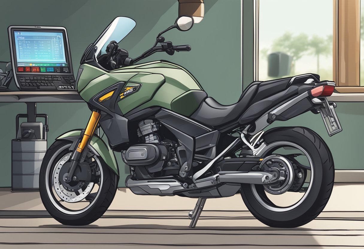 A motorcycle parked next to a diagnostic tool displaying "Error Code P0501" on its screen