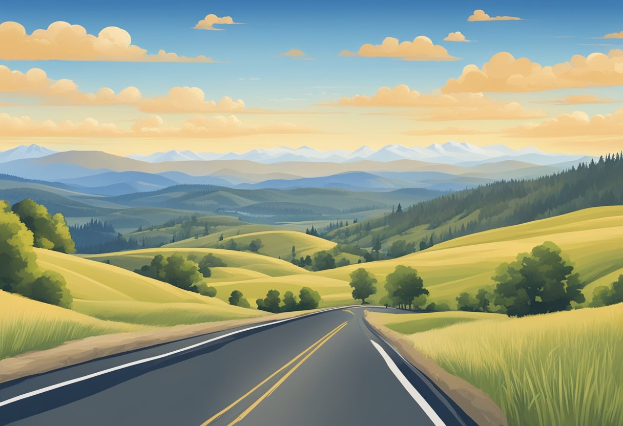 A serene landscape of rolling hills and clear blue skies, with a calendar showing the best and worst times to visit Idaho