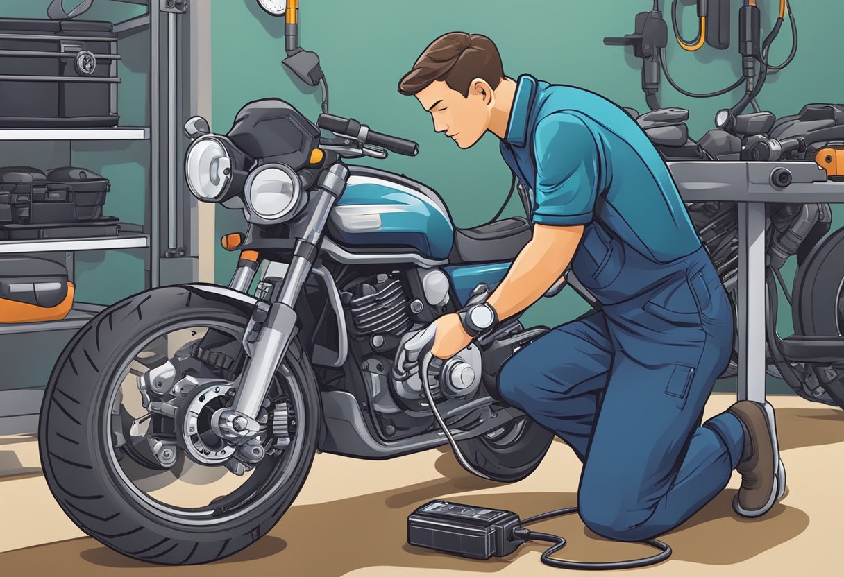 A mechanic examines a motorcycle speed sensor with a diagnostic tool and replaces it with a new one