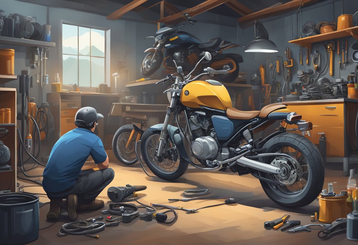 A motorcycle parked in a garage with a mechanic inspecting the vehicle speed sensor.

Tools and diagnostic equipment are scattered around the scene