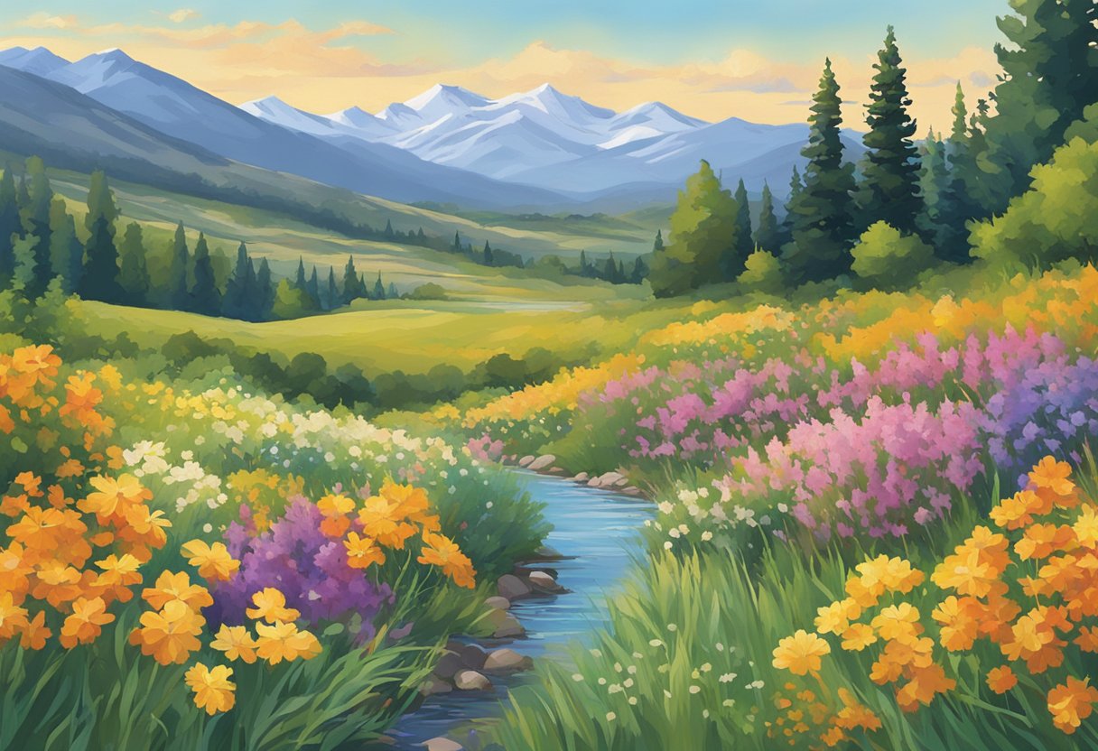 Idaho's hottest months: July and August. Best time to visit: late spring and early fall. Worst time: winter. Illustrate a serene landscape with blooming flowers and colorful foliage