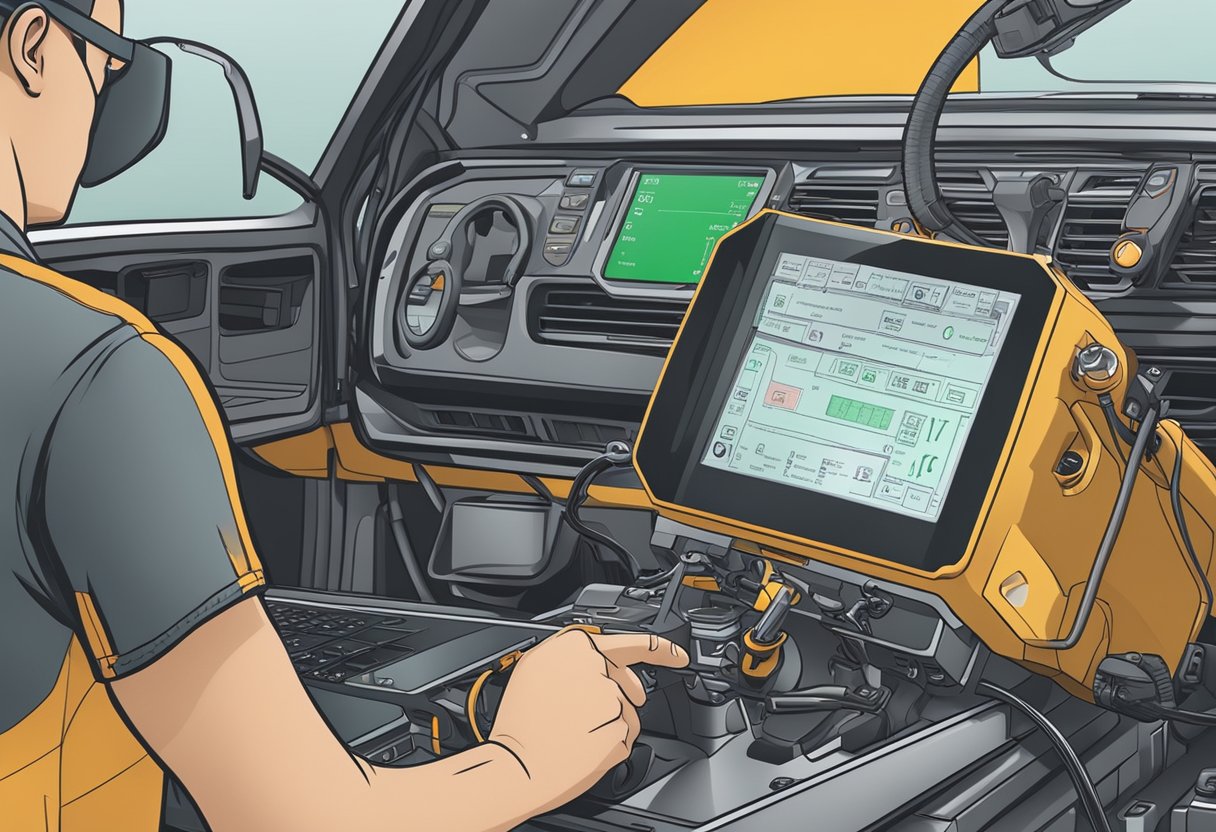 A motorcycle control module with error code P0602 displayed on the dashboard screen, while a technician attempts to reprogram the module using a diagnostic tool