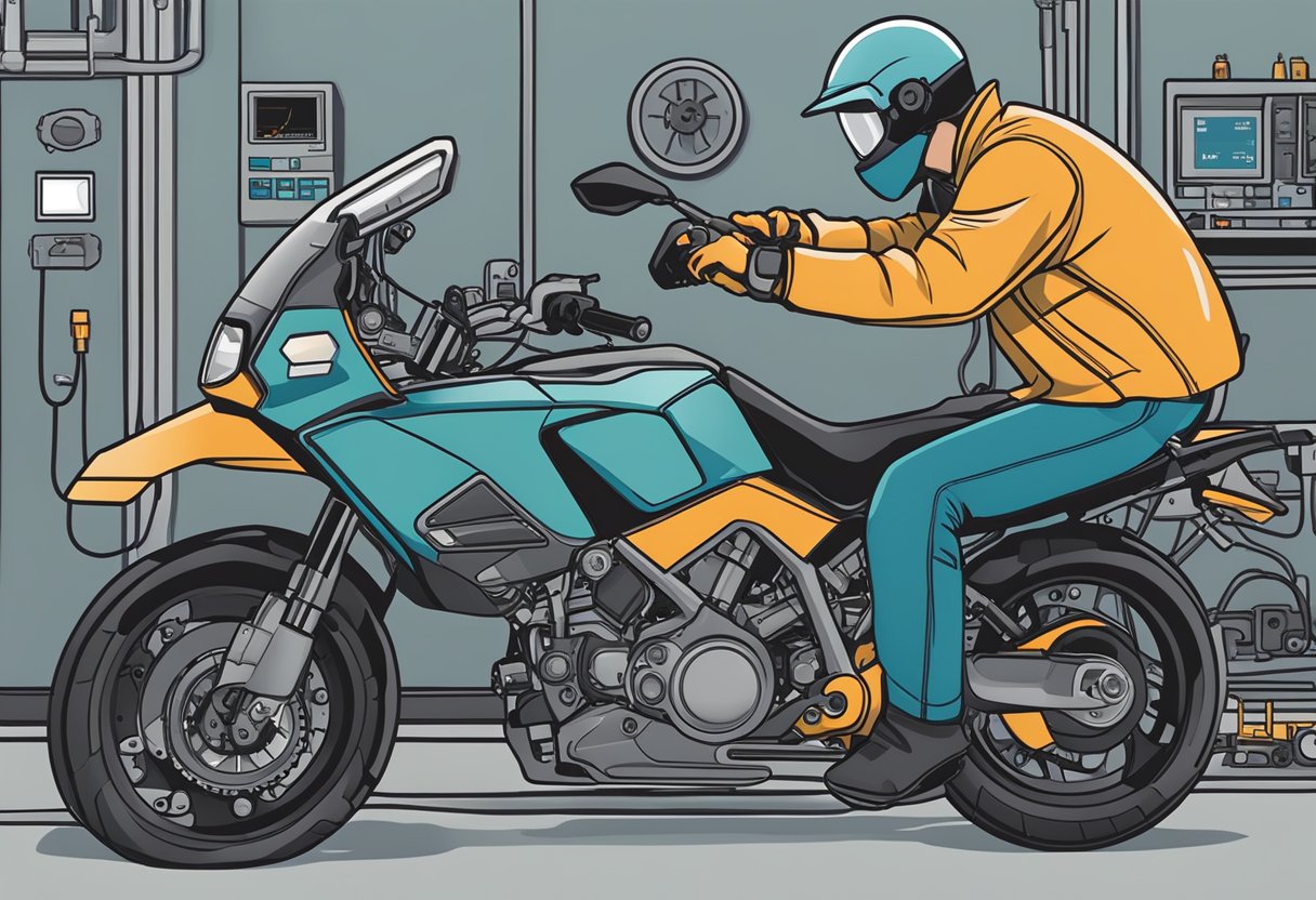 A motorcycle with a diagnostic tool connected, displaying the P0602 error code on its screen, while a technician examines the control module