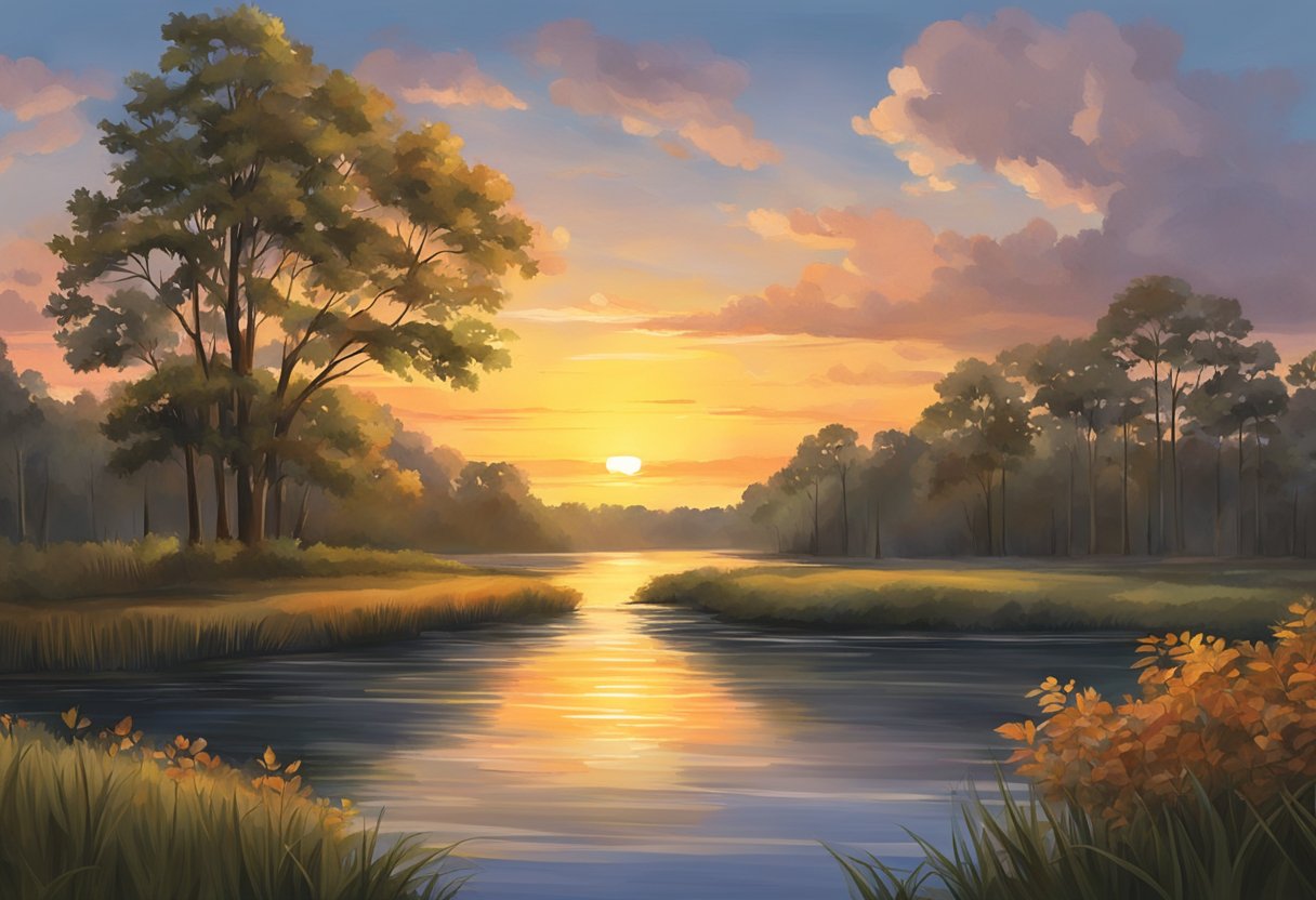 The sun sets over a serene Louisiana landscape, with colorful foliage and a calm river, depicting the best time to visit