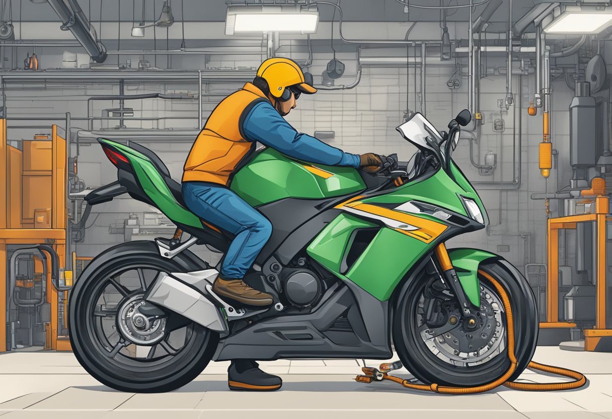 A motorcycle is connected to a diagnostic tool.

A technician is analyzing data on a screen showing error code P1128 "Long Term Fuel Trim Too Lean."