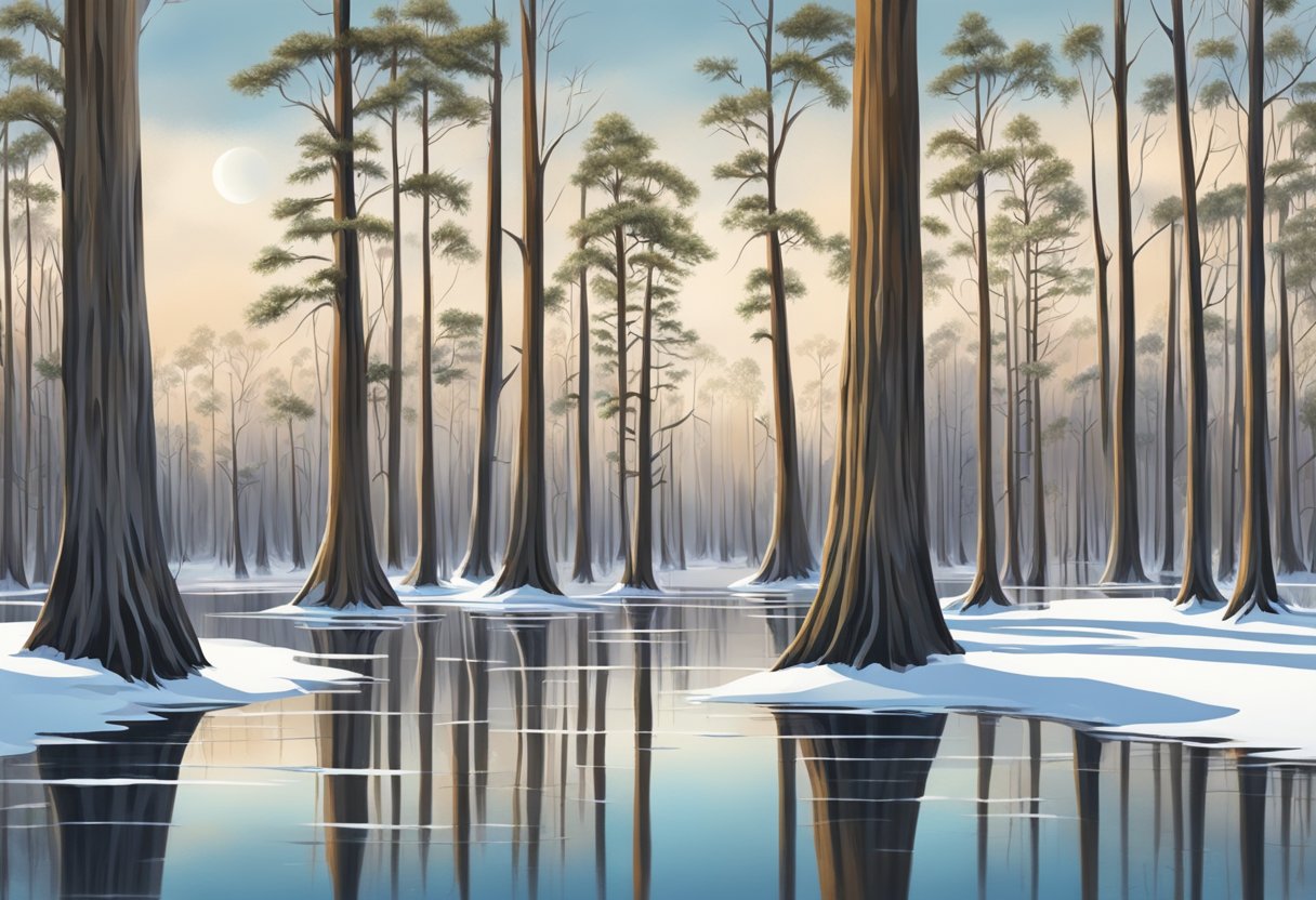 Snow-covered cypress trees in Louisiana swamp. Icy water reflects winter sky. Wildlife huddles for warmth