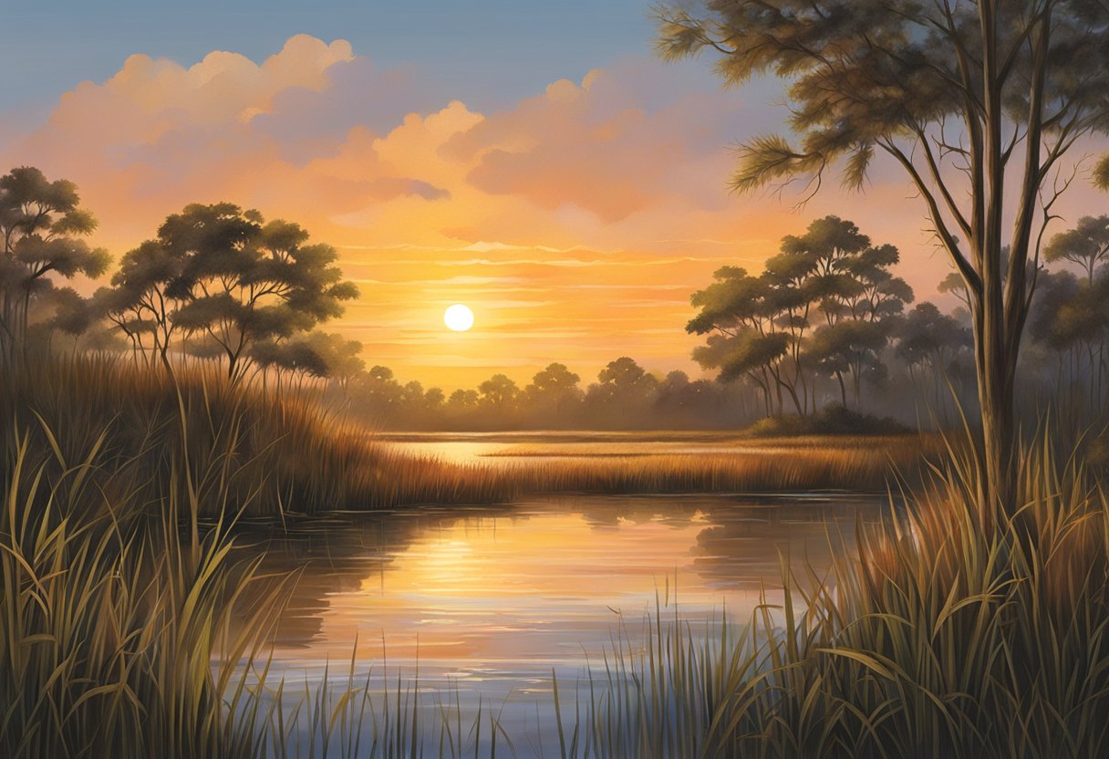 The sun sets over a bayou, casting a warm glow on the marshland. A calendar shows peak and off-peak seasons for visiting Louisiana