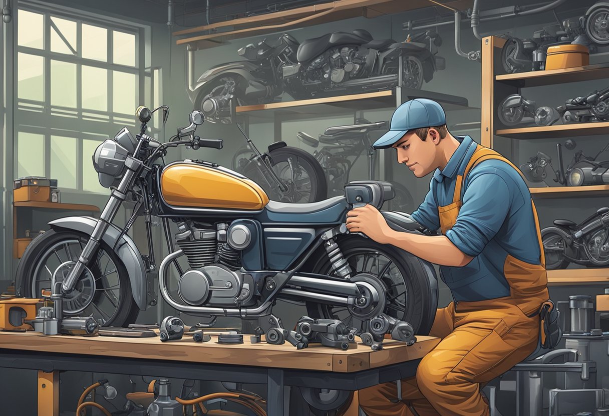 A mechanic examines a motorcycle's engine, diagnosing error code P0174.

Tools and diagnostic equipment are scattered around the workbench