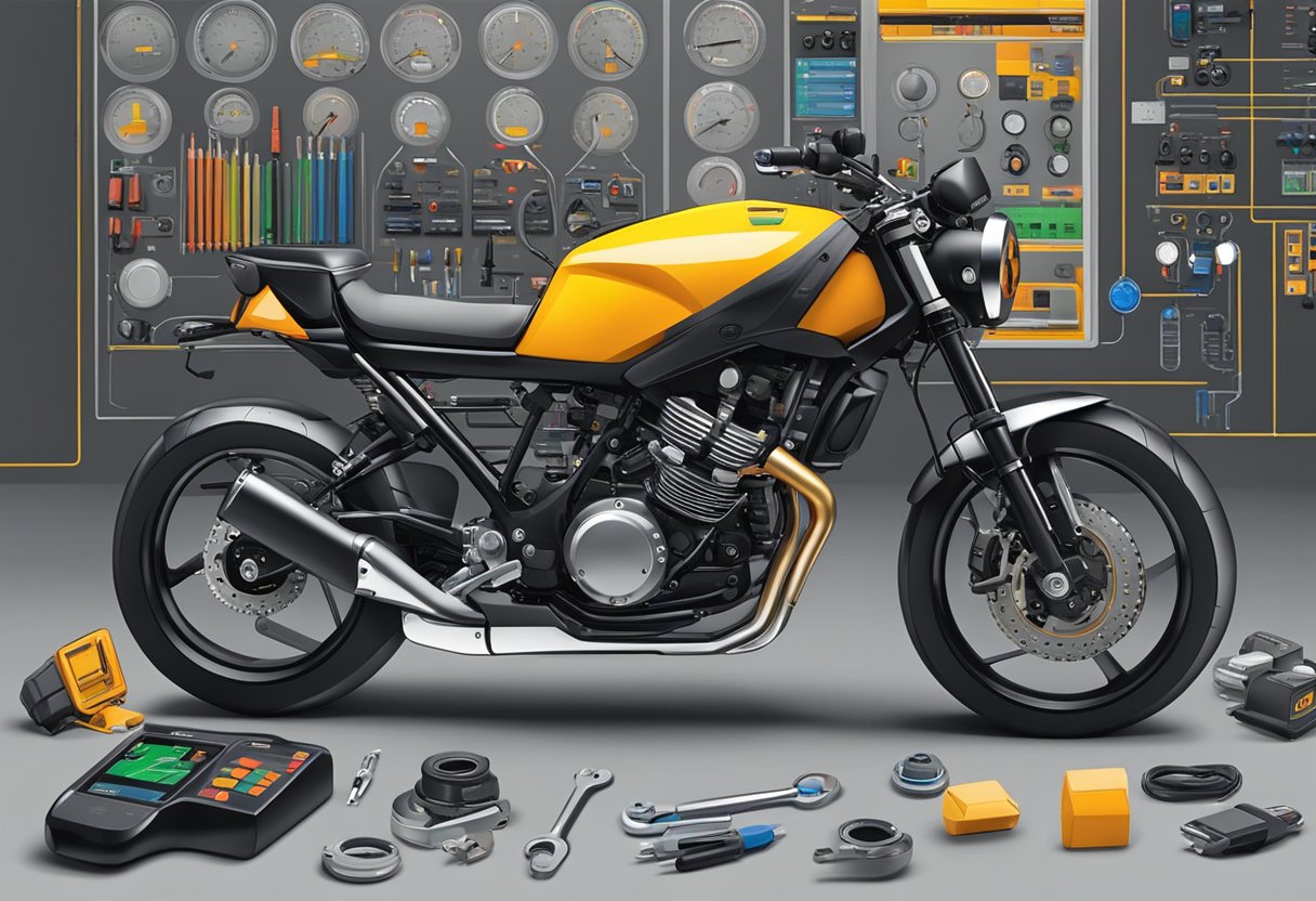 A motorcycle with error code P0174 displayed on the dashboard, surrounded by tools and diagnostic equipment