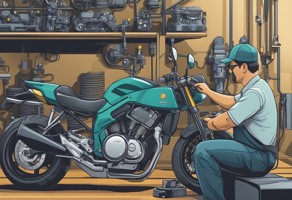 A mechanic scans a motorcycle's diagnostic code for cylinder 6 misfire