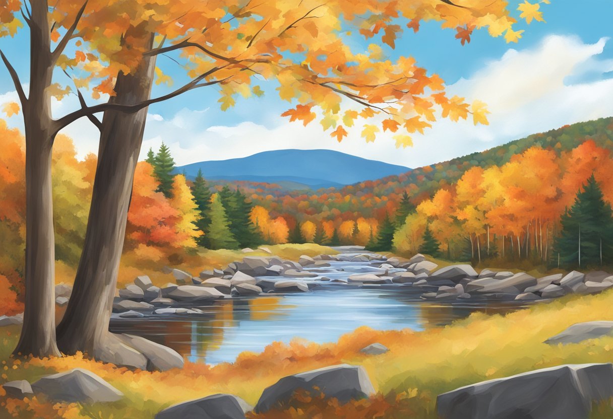 The scene depicts a serene New Hampshire landscape with vibrant fall foliage and a clear blue sky, capturing the best time to visit the state