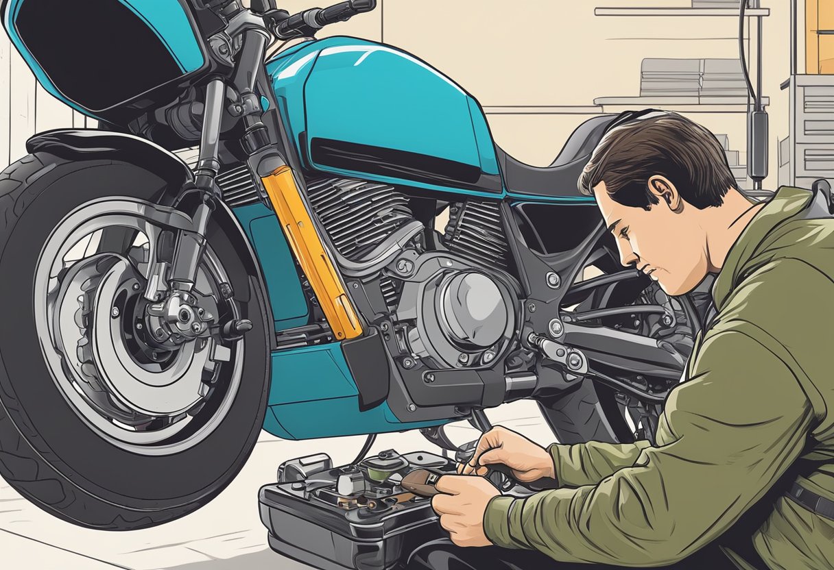 A mechanic connects a diagnostic tool to a motorcycle, reading error code P0306 for cylinder 6 misfire detected
