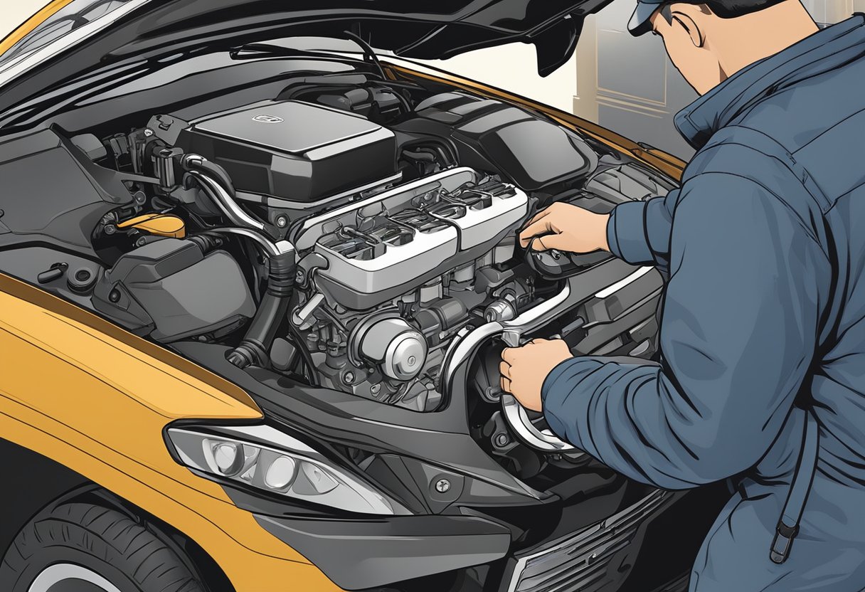 A mechanic examines motorcycle engine with diagnostic tool, displaying error code P0306: Cylinder 6 misfire detected