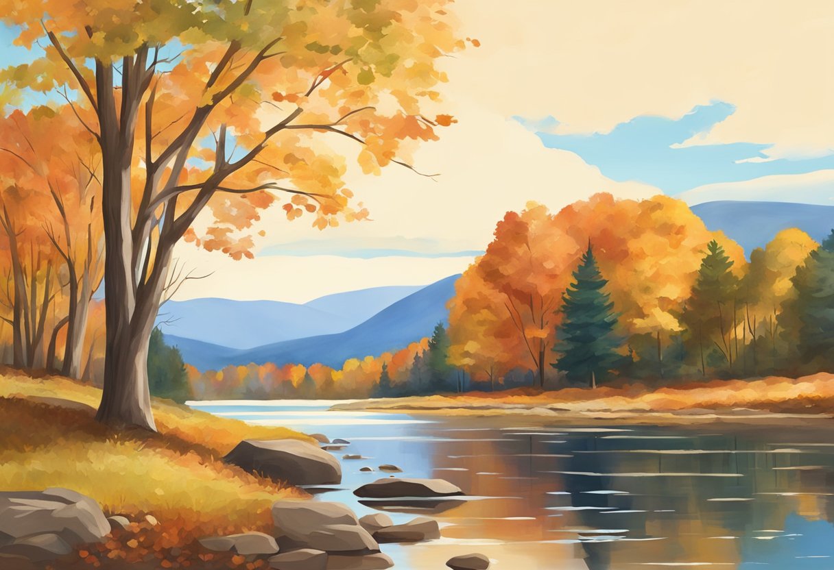 A serene New Hampshire landscape in autumn, with colorful foliage and a clear blue sky. A quiet, peaceful atmosphere with a hint of crispness in the air