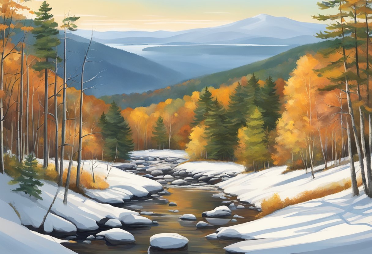 A serene landscape of New Hampshire in the off-season, with empty hiking trails, quiet ski resorts, and a peaceful atmosphere