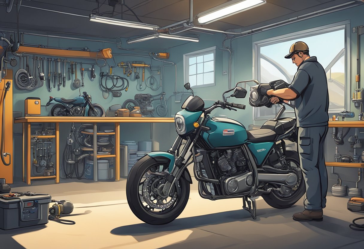 A motorcycle mechanic holds a diagnostic tool, examining the EVAP system vent valve/solenoid circuit.

The motorcycle is parked in a well-lit garage with various tools and equipment in the background