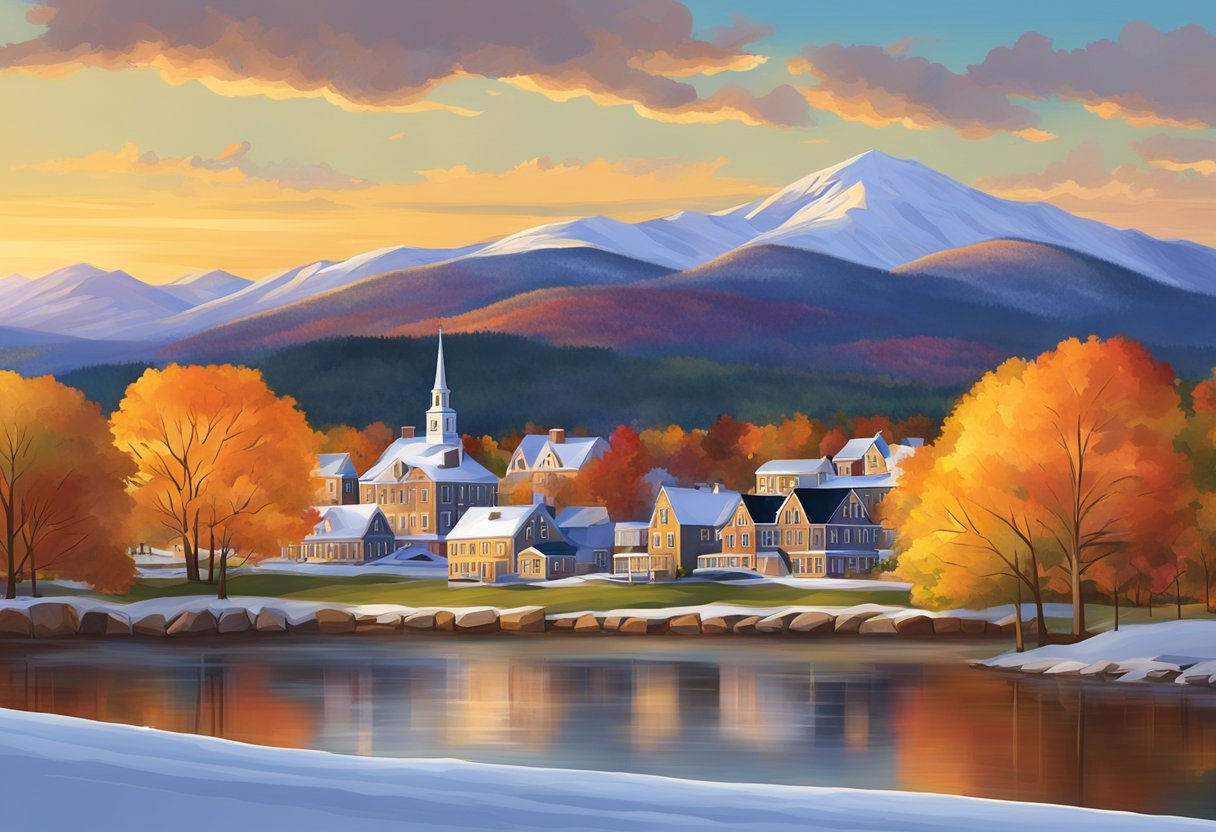 The sun sets behind the snow-capped mountains, casting a golden glow over the quaint New Hampshire town. The fall foliage is vibrant, creating a picturesque scene