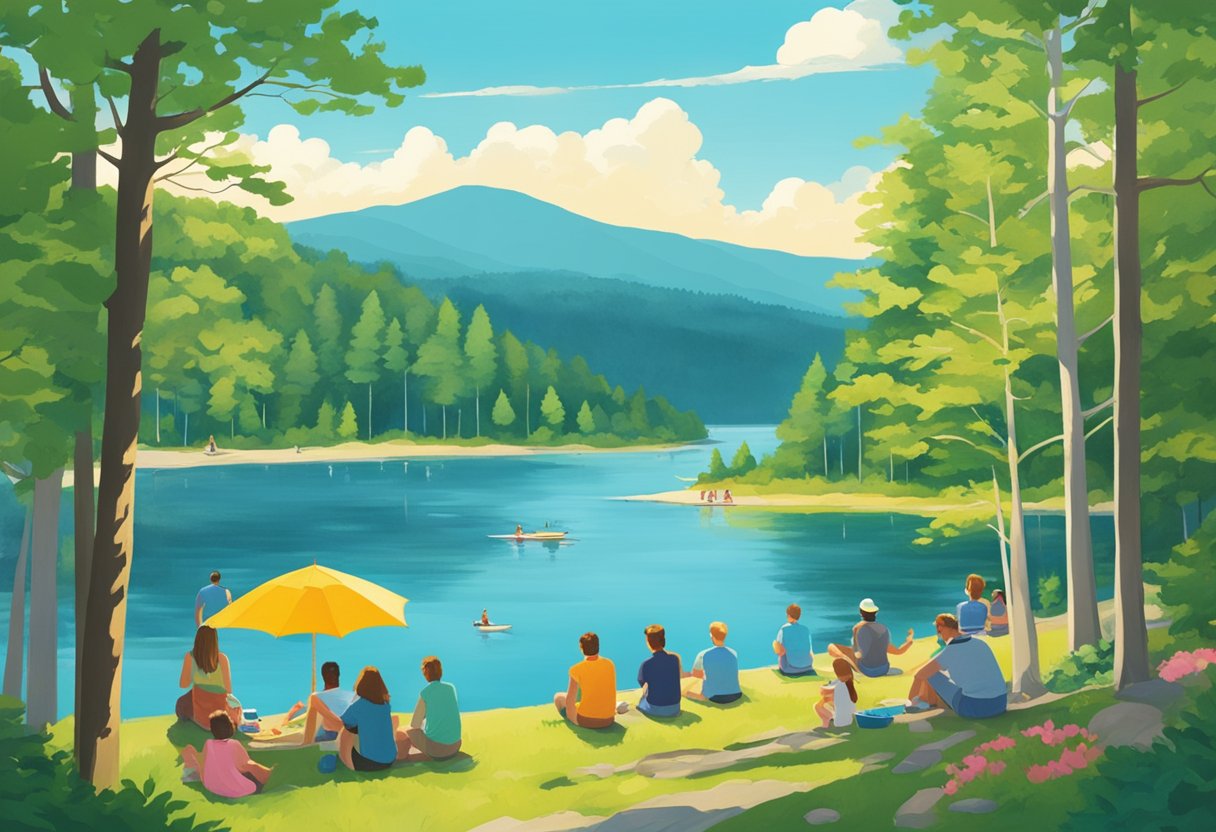 Summer in New Hampshire: vibrant green forests, clear blue lakes, and bright sunshine. Crowds enjoy outdoor activities while some seek shade from the intense heat