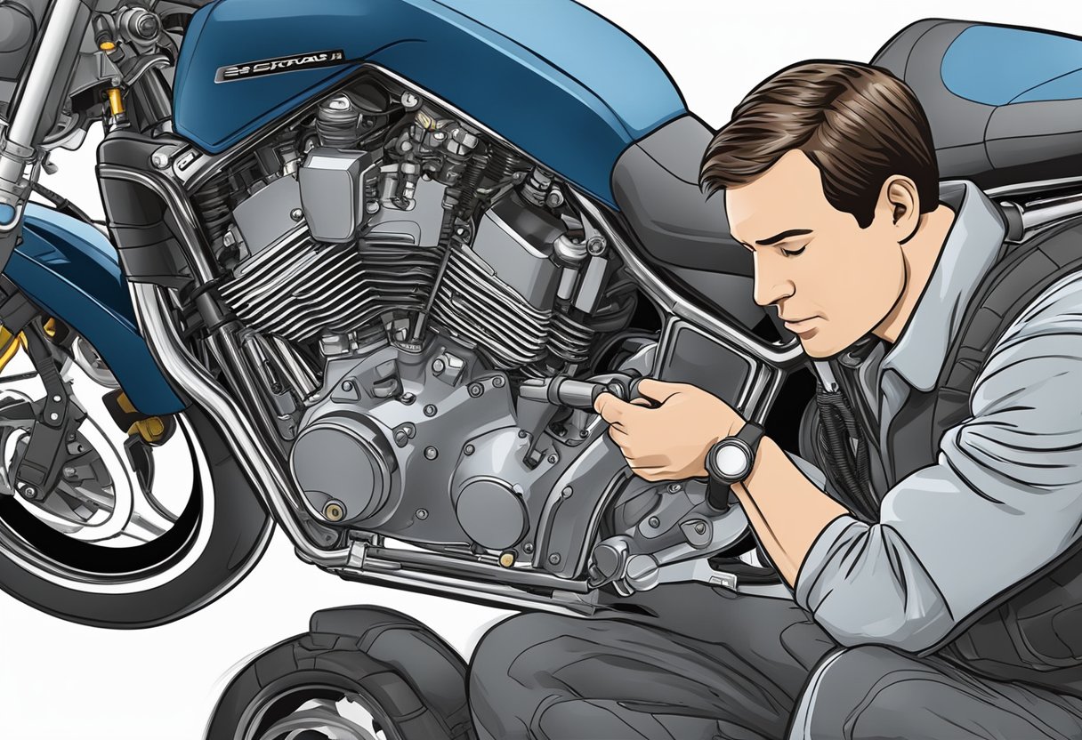 A mechanic examines a motorcycle's EVAP system, checking the pressure sensor for malfunction