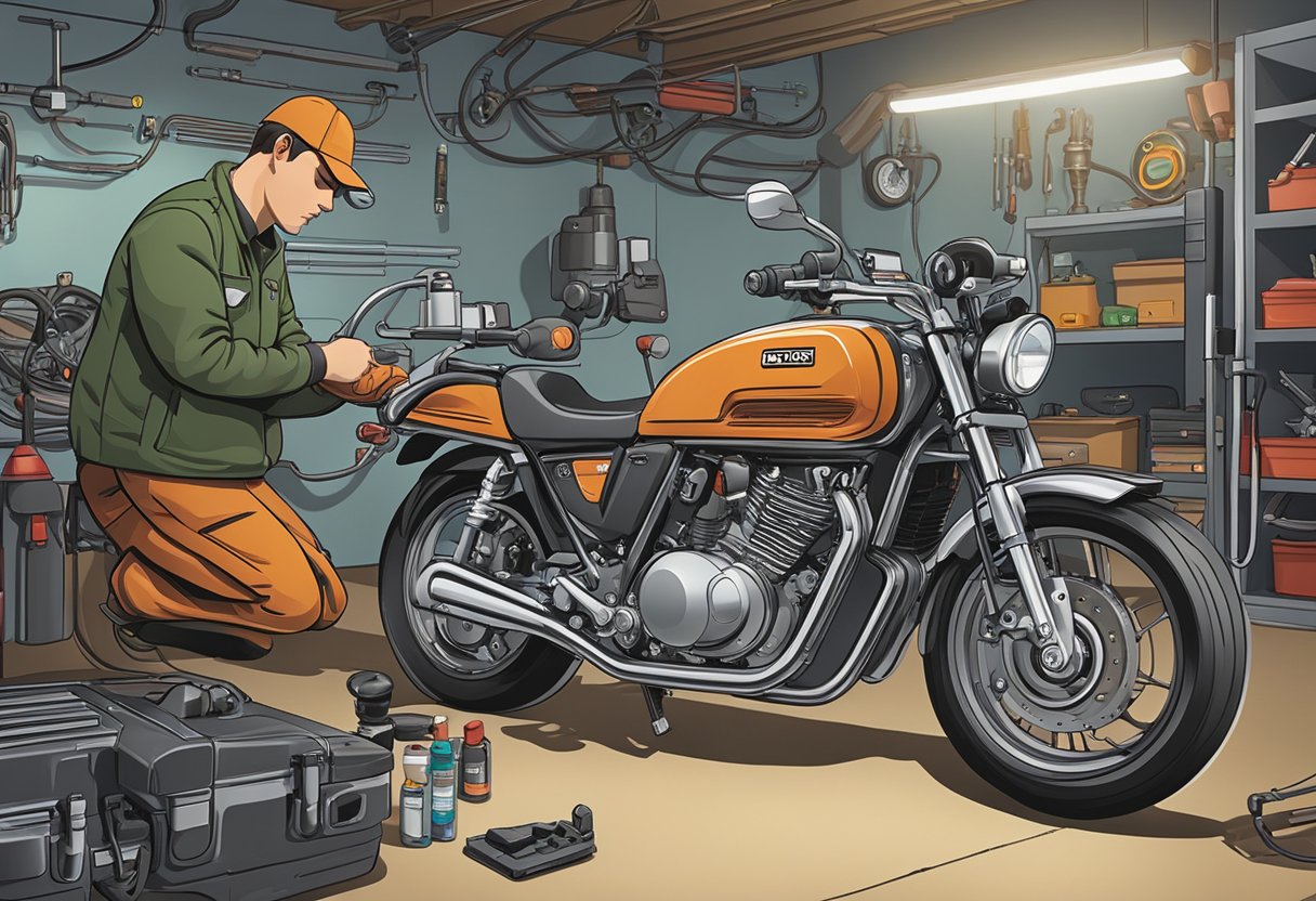 A motorcycle sits in a garage, with a mechanic holding a diagnostic tool, examining the EVAP pressure sensor.

The tool displays "Error Code P0450" as the mechanic prepares to perform maintenance