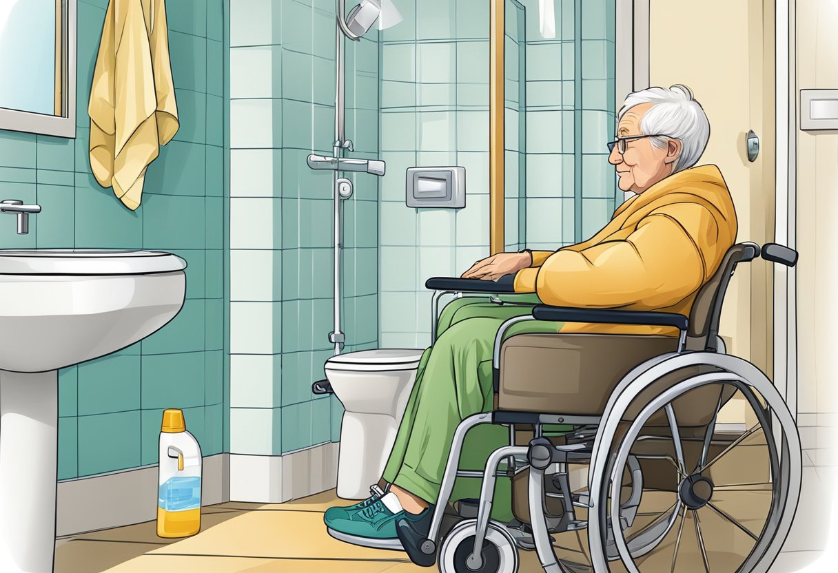 Elderly person with incontinence products, sitting in a wheelchair near a bathroom