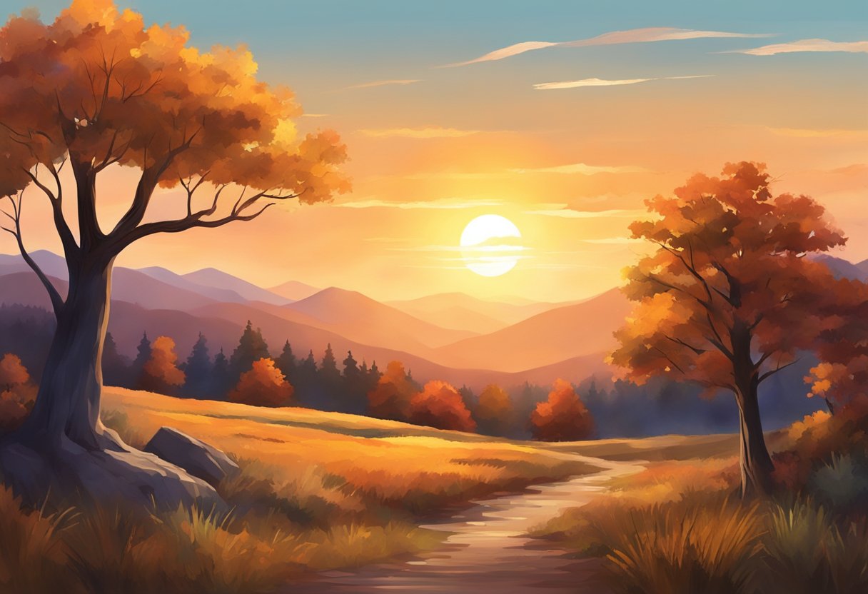 The sun sets behind the White Mountains, casting a warm glow over the colorful foliage. A cool breeze rustles through the trees, creating a peaceful atmosphere