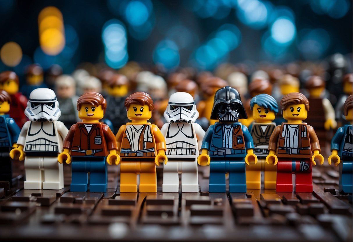 A colorful array of LEGO Star Wars buildable figures in a galaxy-themed setting